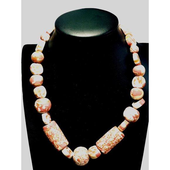 Handmade Jewelry - Chunky Handmade Polymer Clay Bead Necklace Rose Brown Tan Cream Calico